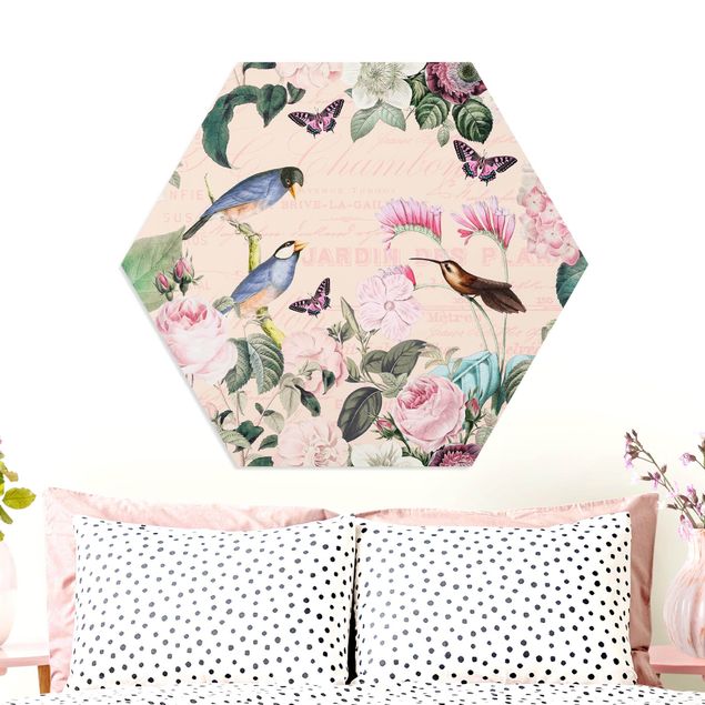 Quadri con farfalle Collage vintage - Rose e uccelli