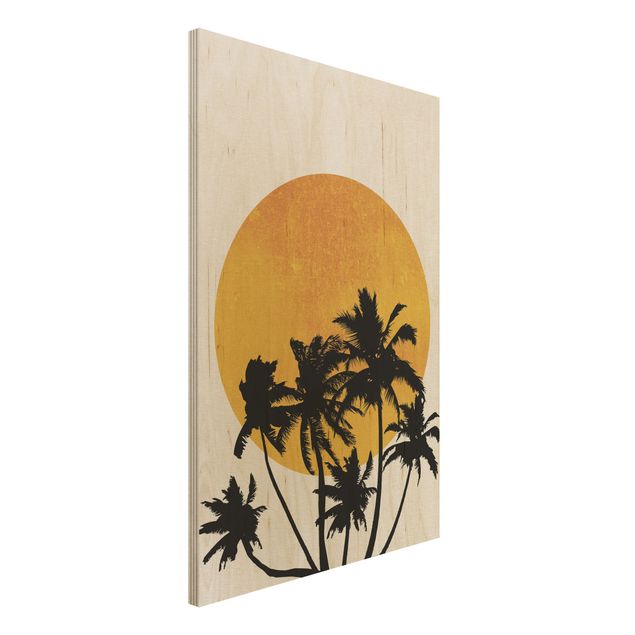 Quadri in legno con fiori Palme di fronte al sole dorato