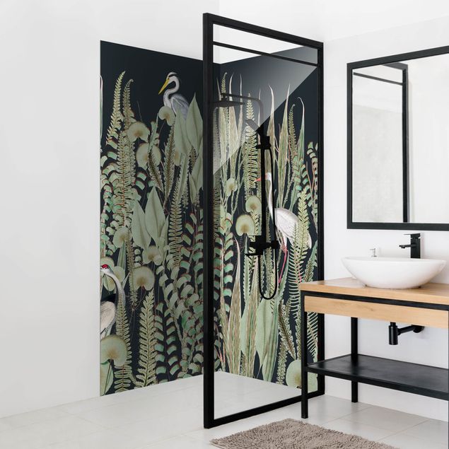 Rivestimento per doccia - Fenicottero e cicogna con piante su sfondo verde