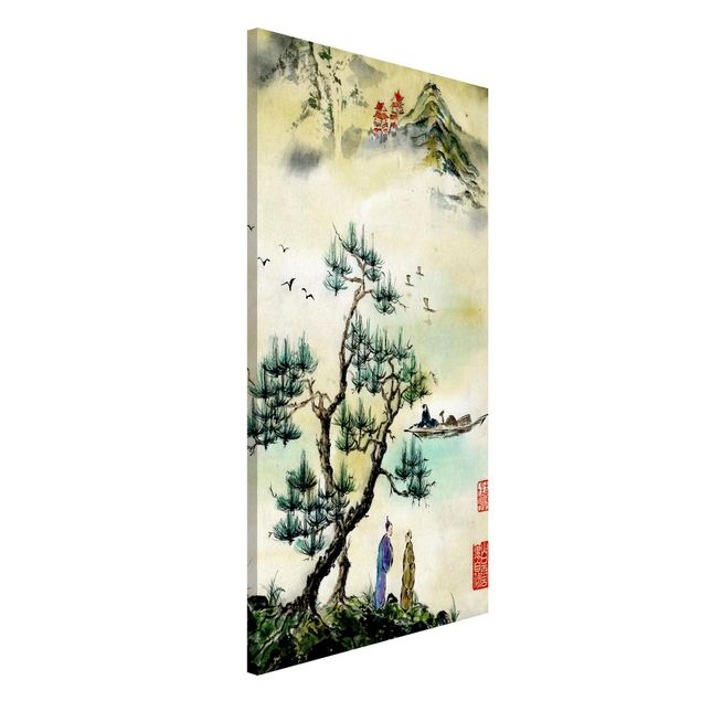 Quadri con paesaggio Disegno acquerello giapponese pino e villaggio di montagna