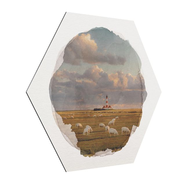 Quadro moderno Acquerelli - Faro sul mare del Nord con branco di pecore