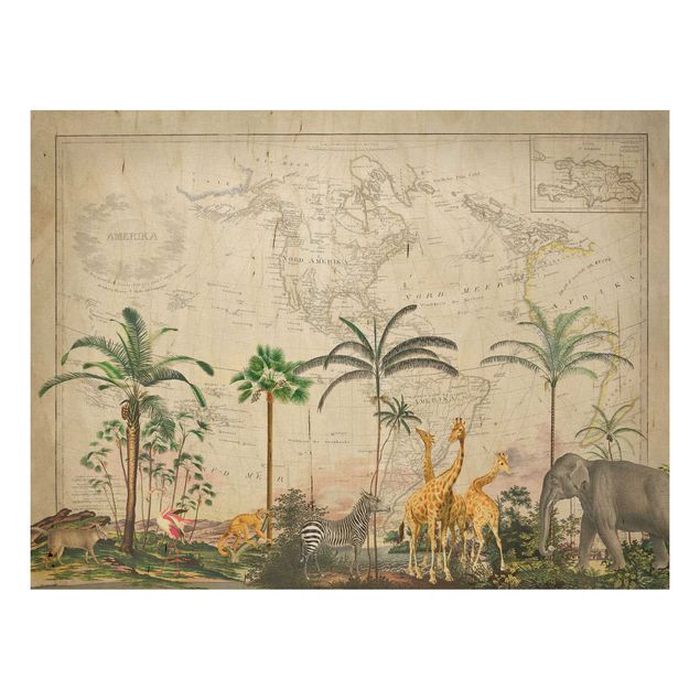 Quadri in legno con fiori Collage vintage - Animali selvatici sulla mappa del mondo