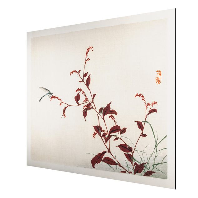 Quadro animali Disegno vintage asiatico ramo rosso con libellula