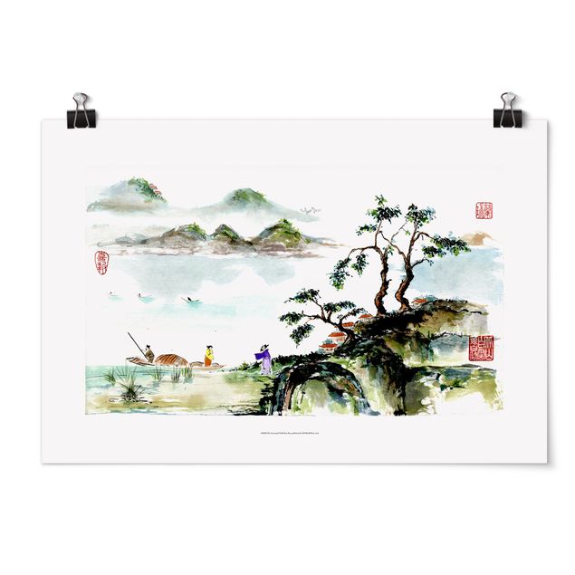 Quadro vintage Disegno giapponese ad acquerello di lago e montagne