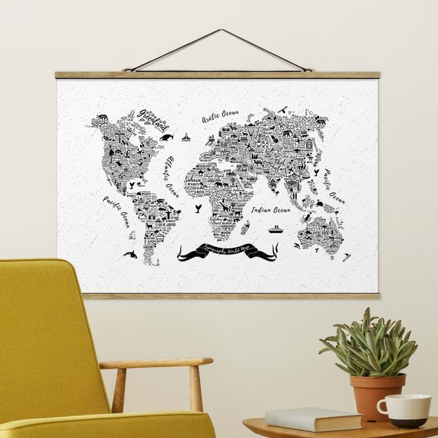 Quadro moderno Mappa del mondo - tipografica bianca