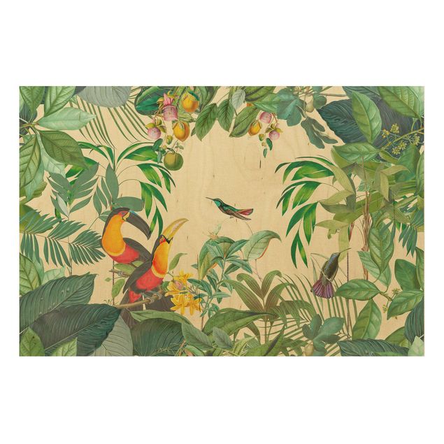 Quadri in legno con fiori Collage vintage - Uccelli nella giungla