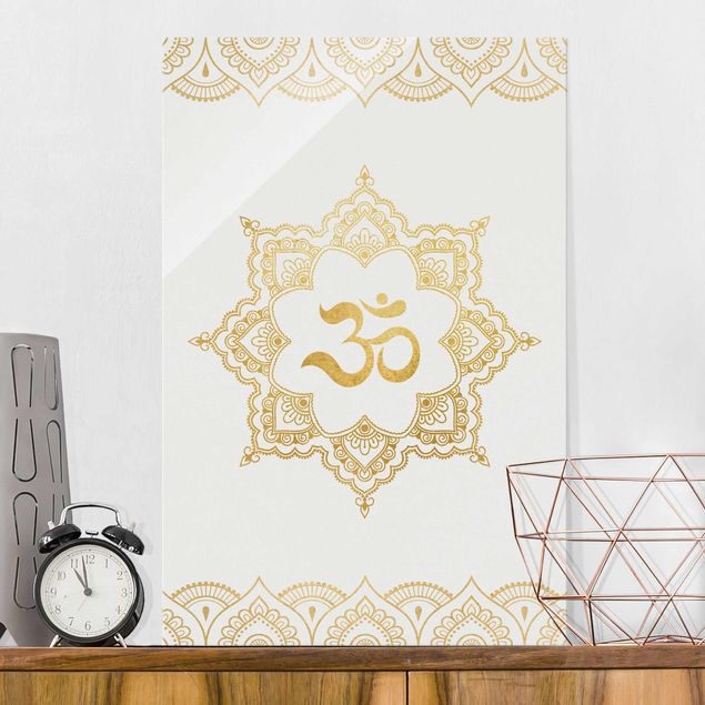 Quadri in vetro spirituali Mandala OM Illustrazione Ornamentale Oro Bianco