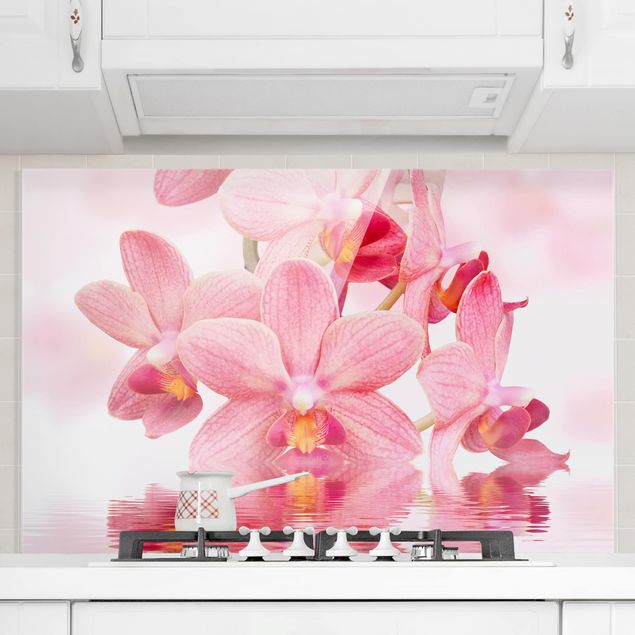 Paraschizzi con fiori Orchidea rosa chiaro sull'acqua