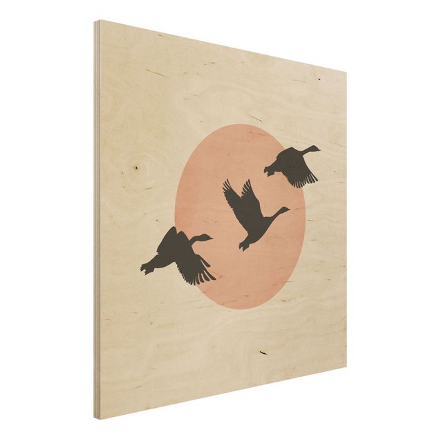 Quadri in legno con paesaggio Uccelli di fronte al sole rosa III