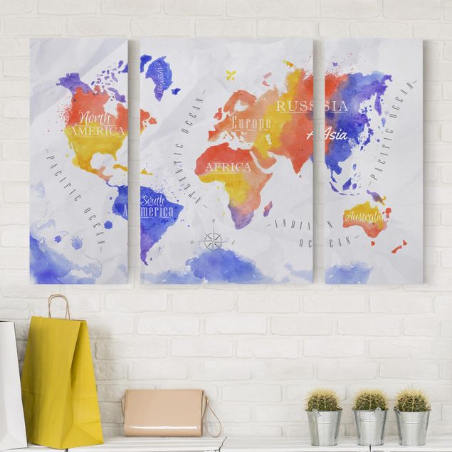 Quadri su tela componibili Mappa del mondo acquerello viola rosso giallo