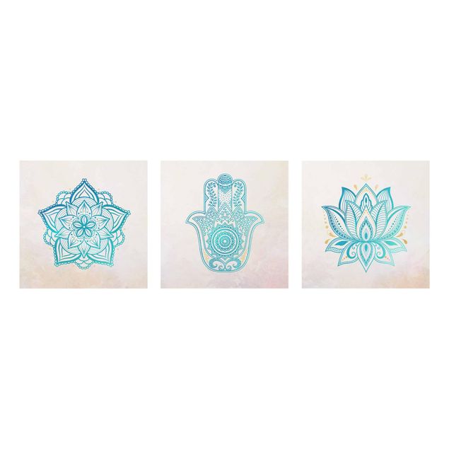 Quadri blu Mandala Hamsa mano e loto - Set Oro Blu