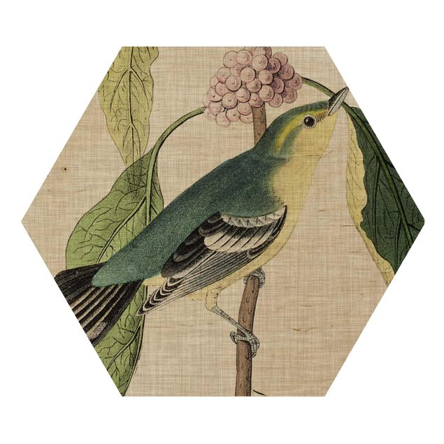 Esagono in legno - Uccello su lino rosa I