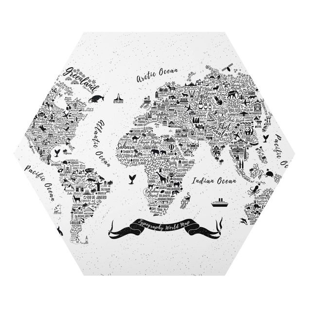 Quadro esagonale Mappa del mondo - tipografica bianca