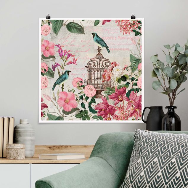 Quadro moderno Collage Shabby Chic - Fiori rosa e uccelli blu
