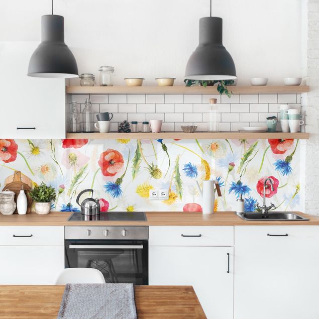 Rivestimenti per cucina con disegni Acquerello di fiori selvatici con papaveri