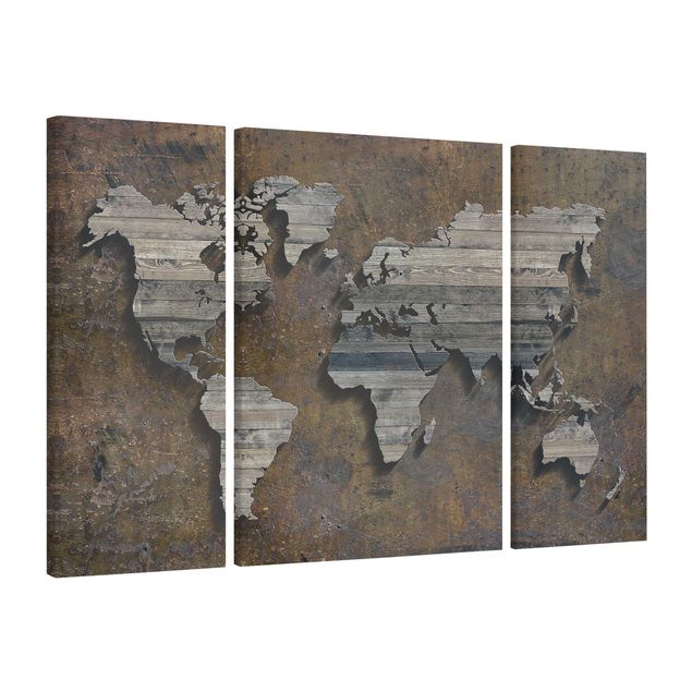 Quadri stile industriale Mappa del mondo con griglia di legno