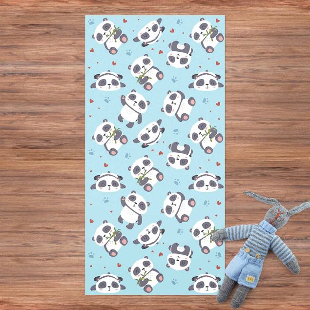 tappeto terrazzo Tenero panda con impronte di zampe e cuori blu pastello