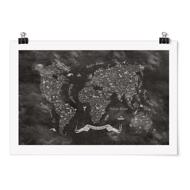 Poster bianco nero Mappa del mondo in gesso tipografico