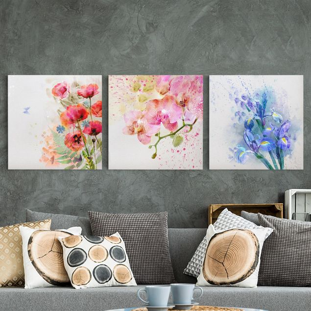 Quadro su tela componibile Trio di fiori ad acquerello