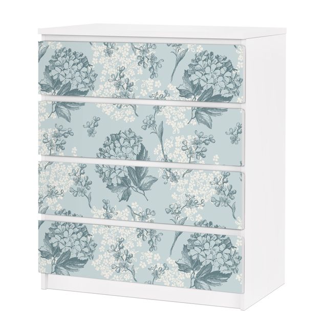 Pellicole adesive per mobili cassettiera Malm IKEA Motivo dell'ortensia in blu