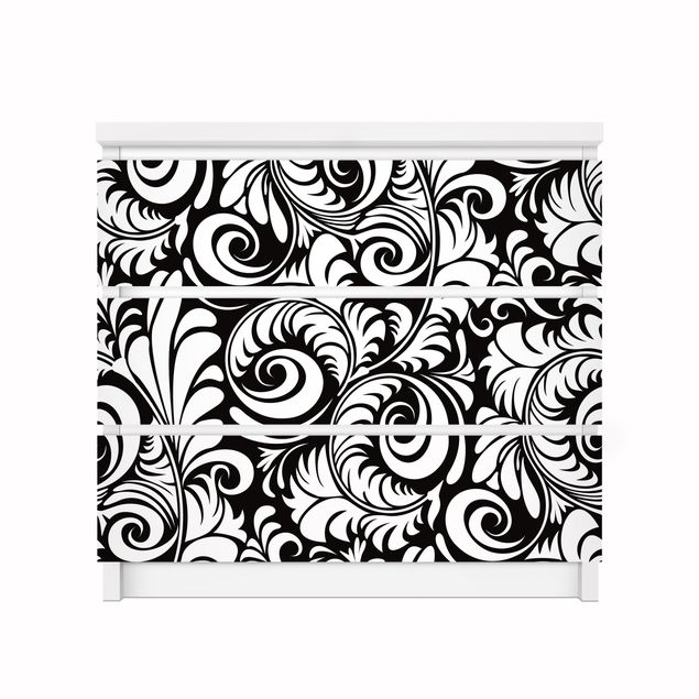 Pellicola nera adesiva Motivo di foglie in bianco e nero