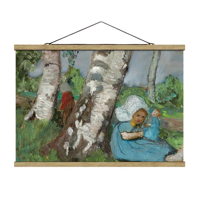 Quadro alberi Paula Modersohn-Becker - Bambino con bambola seduto su un tronco di betulla