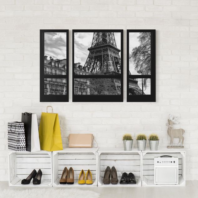 Quadri su tela componibili Window View Paris - Close To The Eiffel Tower In Black And White