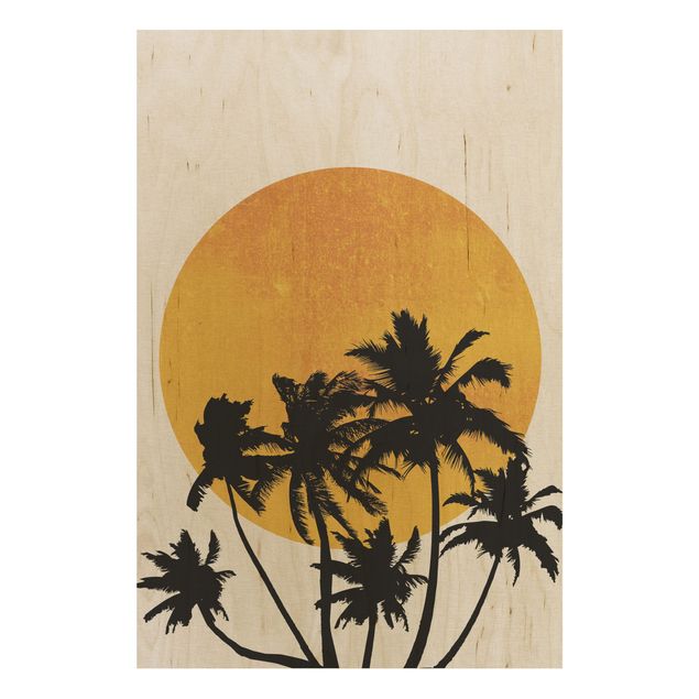 Quadri in legno con paesaggio Palme di fronte al sole dorato