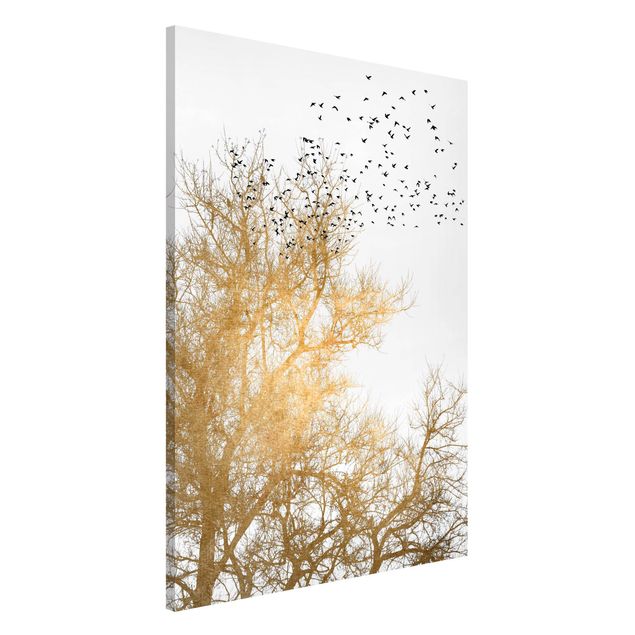 Quadri paesaggistici Stormo di uccelli davanti all'albero d'oro