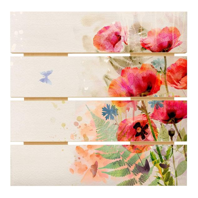 Stampa su legno - Acquerello fiori di papavero - Quadrato 1:1