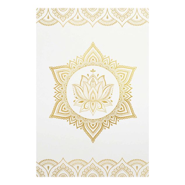 Glas Magnetboard Mandala Loto - Illustrazione Ornamentale Oro Bianco