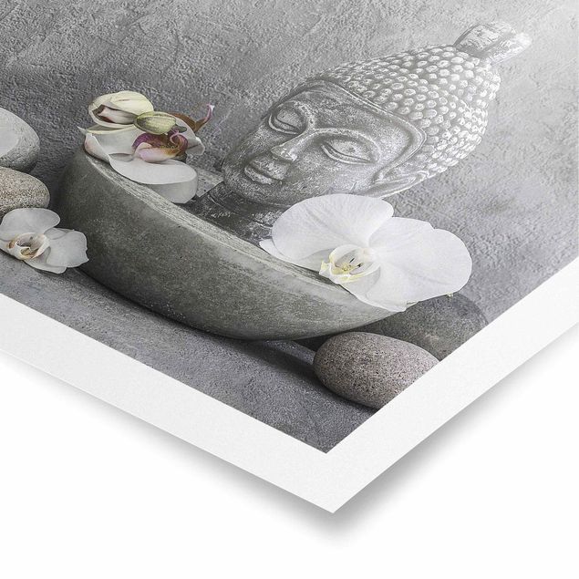 Quadri grigi Buddha Zen, orchidea e pietra