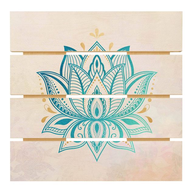 Stampa su legno - Lotus Mandala illustrazione oro blu - Quadrato 1:1