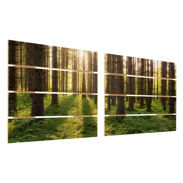 Quadro in legno effetto pallet - Raggi di Sun nel verde della foresta - Quadrato 1:1