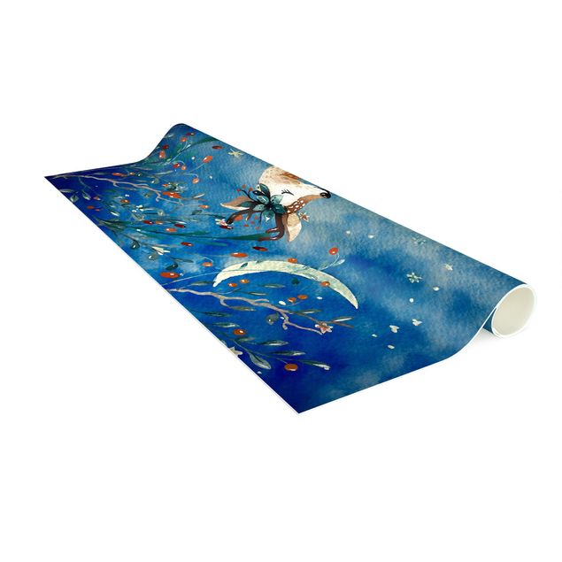 tappeto blu soggiorno Acquerello Cervo al chiaro di luna