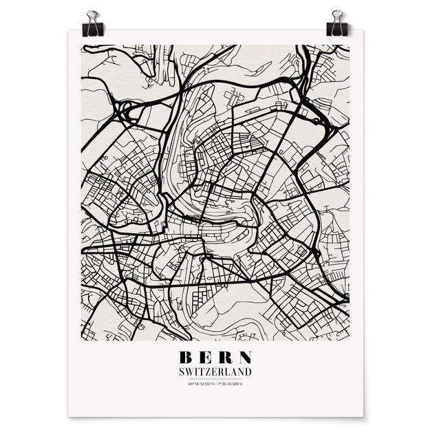 Poster bianco nero Mappa di Berna - Classica