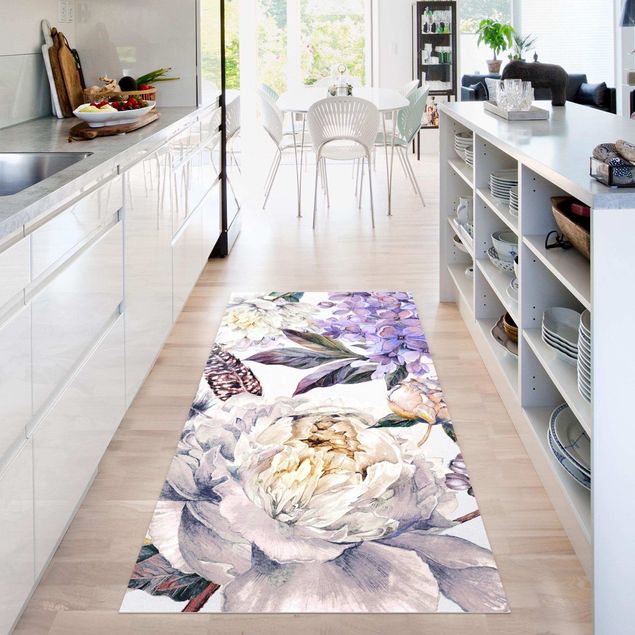 tappeto design moderno Delicato motivo di fiori e piume Boho in acquerello