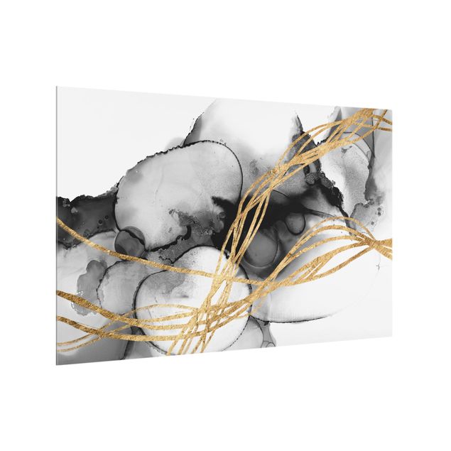 Paraschizzi cucina Inchiostro nero con linee dorate II