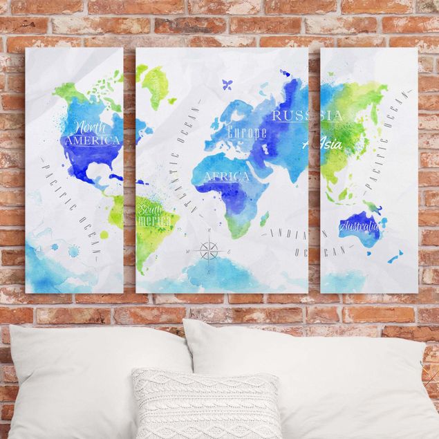 Quadro su tela componibile Mappa del mondo Acquerello Blu Verde