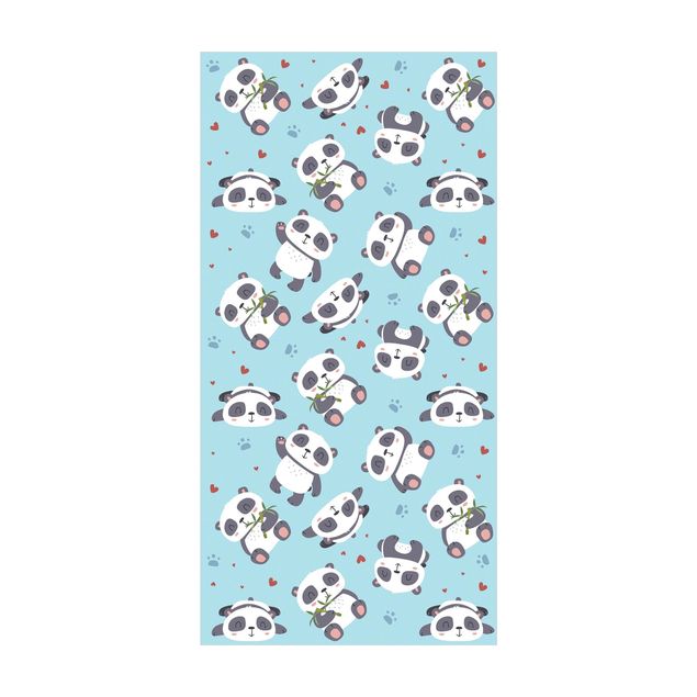tappeto moderno Tenero panda con impronte di zampe e cuori blu pastello