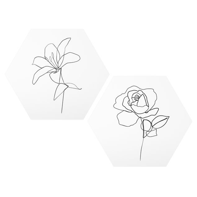 Quadri con fiori Line Art Fiori Bianco Nero - Set