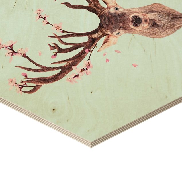 Esagono in legno - Cervo con Cherry Blossoms