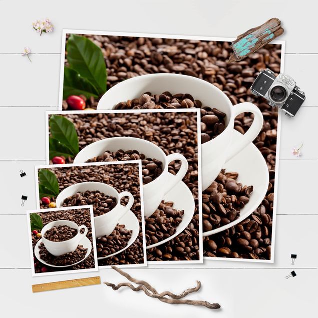 Poster - Fagioli della tazza di caffè con caffè tostato - Quadrato 1:1