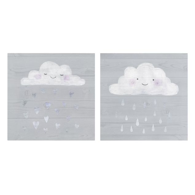 Stampe Nuvole con cuori e gocce d'argento Set I