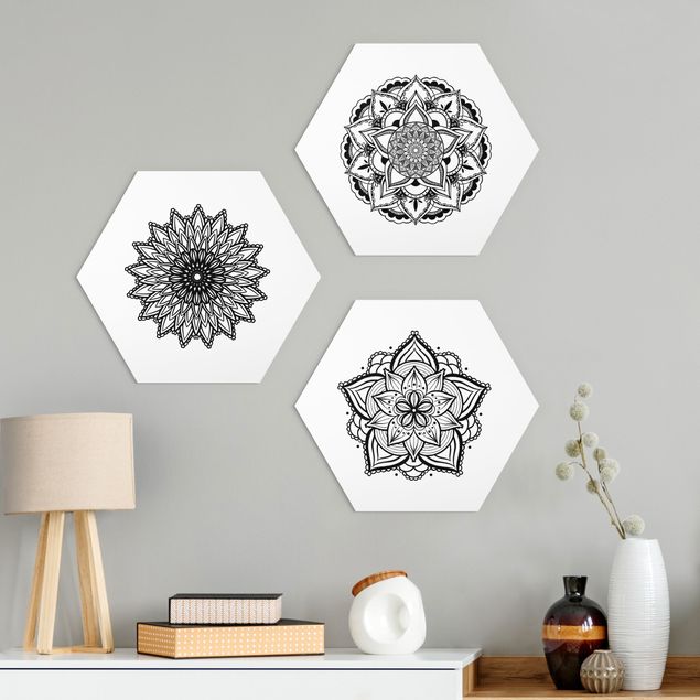 Quadri moderni per arredamento Set di illustrazioni Mandala Flower Sun in bianco e nero