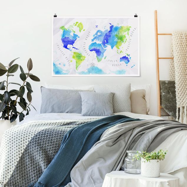 Quadro planisfero Mappa del mondo Acquerello Blu Verde