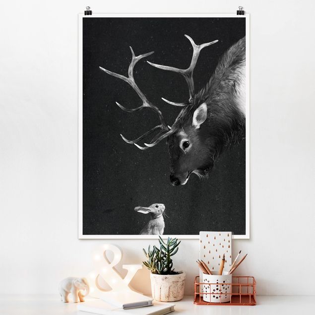 Quadro cervo Illustrazione - Cervo e Coniglio Disegno in bianco e nero