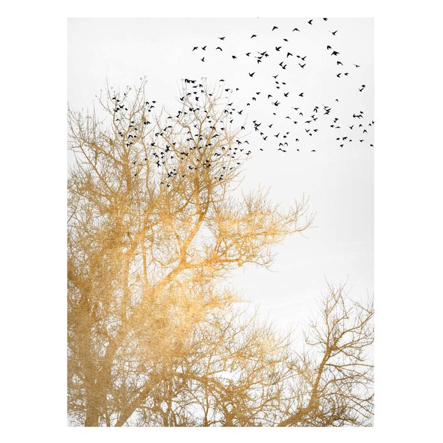 Quadri con alberi Stormo di uccelli davanti all'albero d'oro
