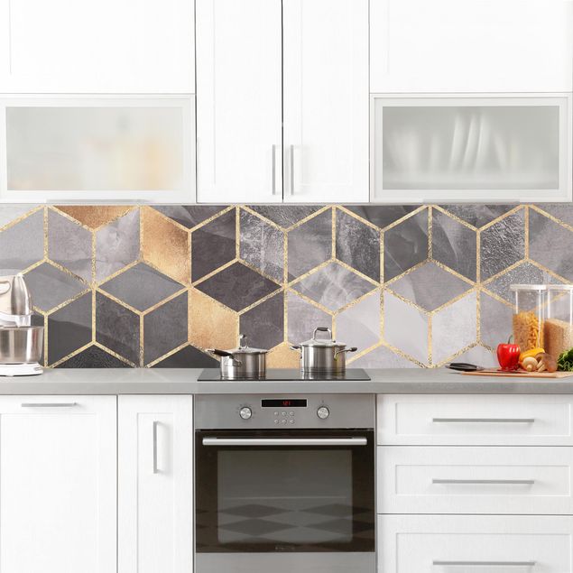 Rivestimento cucina con disegni Geometria dorata in bianco e nero