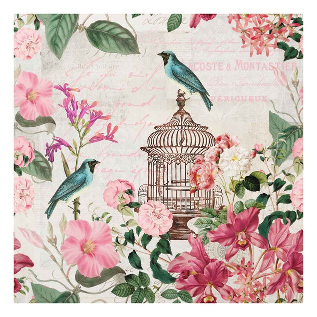 Quadri con fiori Collage Shabby Chic - Fiori rosa e uccelli blu